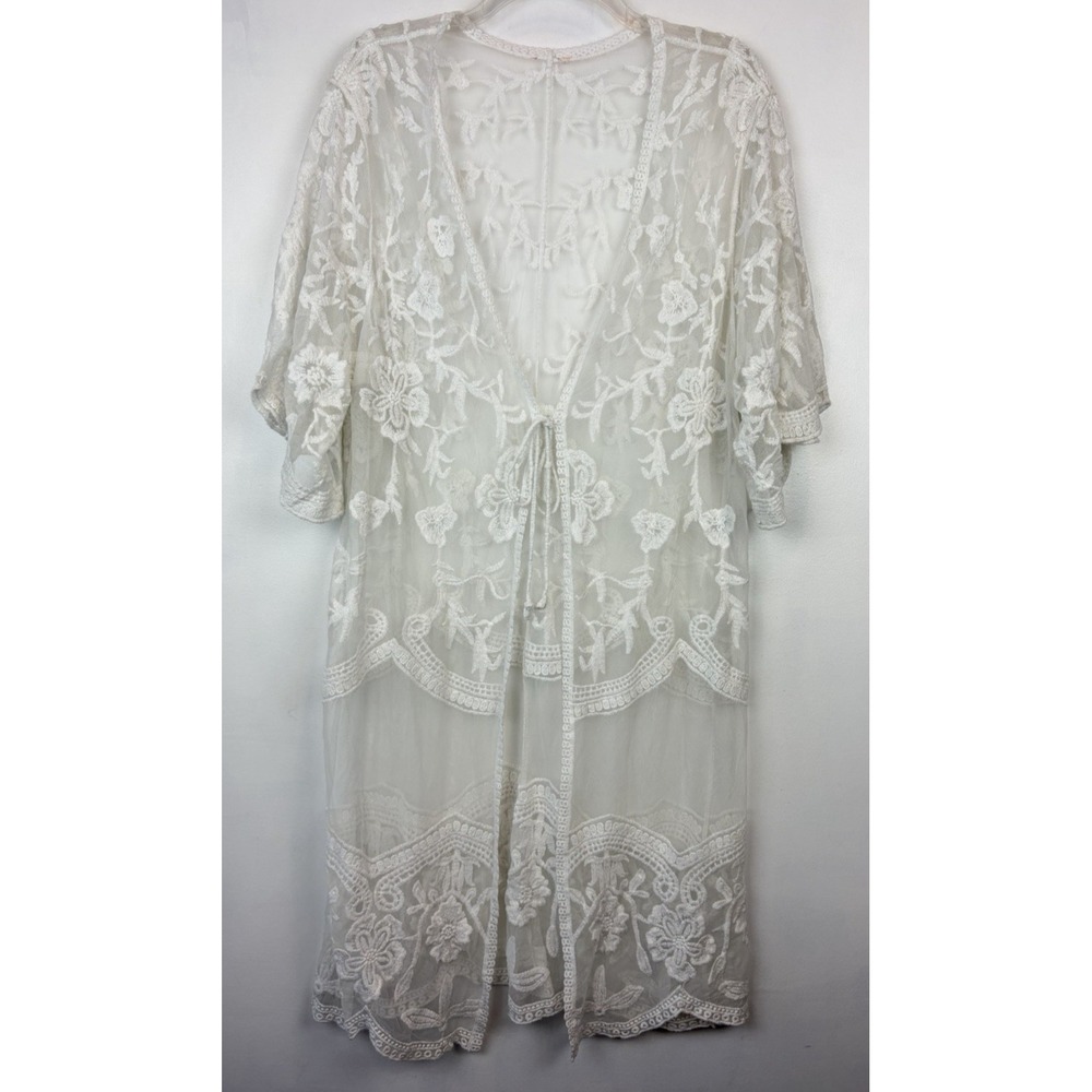 Lace Sheer Floral Kimono Duster Womens Large White Festival Fairy Coquette Tie